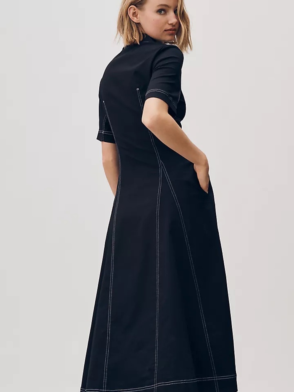 Anthropologie Exquise Short-Sleeve Seamed Pleated Midi Black Dress Sz M - Picture 3 of 14
